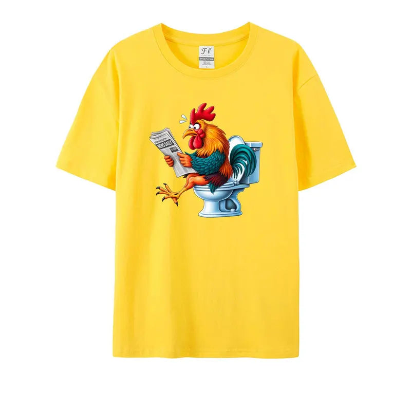 Men's Funny Rooster On Toilet Reading Newspaper Graphic Menswear T-Shirt - Oversized, Casual Short-Sleeve Humor Cartoon Print Streetwear Tops, Tshirt