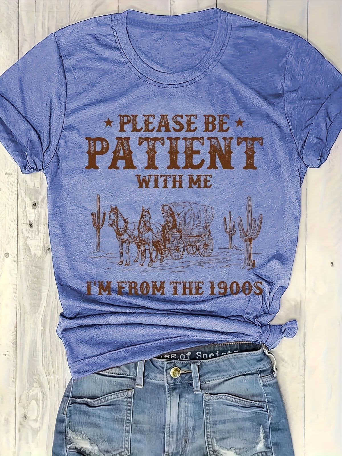 Western Style Letter Printed Round Neck T-Shirt, Casual Vacation Women'S Short Sleeve Top, Women'S Clothing