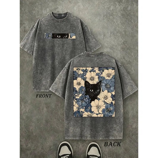 Men's Vintage Washed Beige Oversized Loose Short Sleeve Round Neck Tshirt - Unisex Double-Sided Black Cat Floral Graphic, Soft Aesthetic Cottagecore Streetwear Top for Summer Casual Wear