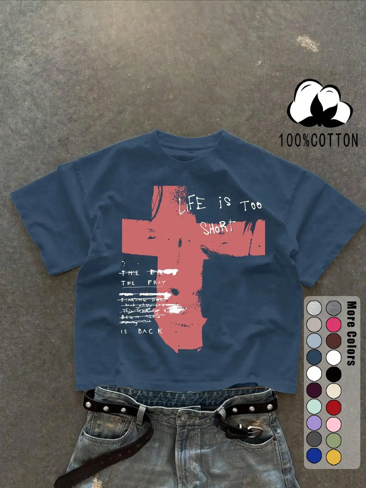 Unisex 100% Cotton Short Sleeve Round Neck T-Shirt, Cross Graffiti Print, Y2K Dark Gothic Street Style, Streetwear, Casual Daily Wear, Loose-Fitting, Long Length, Aesthetic