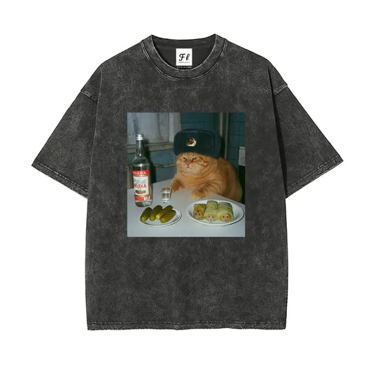 Men's Soft Distressed Oversized Vintage Stretch Short-Sleeve Round Neck Graphic Print Cotton T-Shirt - Casual Menswear Top with Cute Chubby Orange Cat, Vodka Bottle & Pickles Retro Funny Design