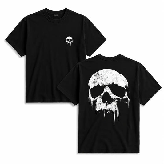 Men's Vintage Gothic Double-Sided Drip Skull Graphic T-Shirt - Menswear Streetwear Short-Sleeve Top, Classic Cut, Premium Drape, Sleek Look, Easy Movement, Cotton Oversized Fit, USA Trend Gift for Goth Fans