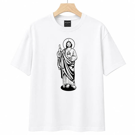 Local Store, T-shirts for men, Men's Shirts, Clothing for Men, T-shirts for men, White and black T-shirt featuring the image of Saint Judas Tadeo (180g), Religious Printing Design, High-Quality Printing, Cuello Redondo, Relaxed Setting
