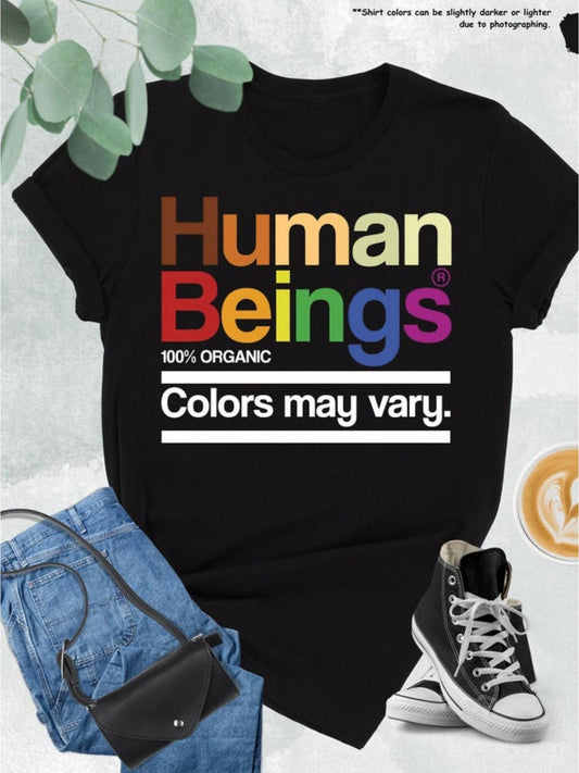 [Equality Graphic Tee] Men's Human Beings Colors May Vary Graphic T-Shirt - Black Crewneck Tee with Rainbow Human Emblem | Equality, Human Rights Shirt, Casual Everyday Activist Apparel, Soft Everyday Top for Social Justice Advocacy, Bold Text