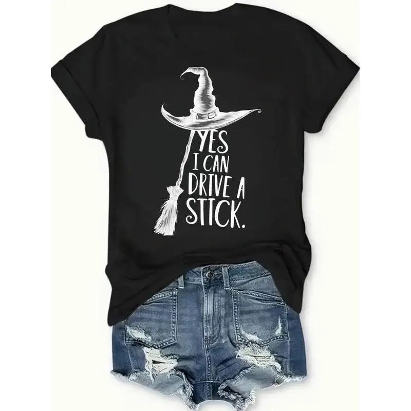 Women's Yes I Can Drive a Stick Witch Graphic T-Shirt, Casual Oversized 100% Cotton Short Sleeve Top for Spring Summer