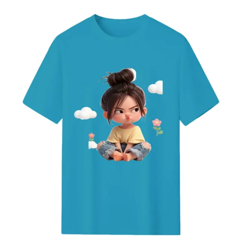 Women's Premium Cotton Cartoon Girl & Clouds Graphic T-Shirt - Short Sleeves, Crew Neck, Fitted, Elastic, Comfortable, Blush Pink Aesthetic, Casual Girly Tops, Valentine's Day Colorful Style All Seasons Beach Tee Sohochic, Valentines Day, Cartoon Style