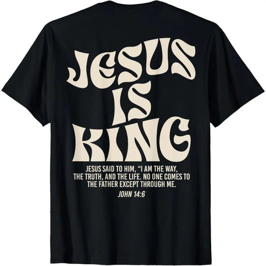 Men's Christian Front Print Bible Quote T-Shirt, John 14:6 Jesus Is King Design, Casual Retro Short-Sleeve Top with Moderate Stretch for Adults
