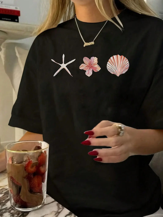 Women's Graphic Print T-Shirt - Starfish & Shell Ocean Style, Casual Slim Fit Short Sleeve Round Neck Good Graphic Tees for Summer Beach, Size Up for Loose Women's Tops