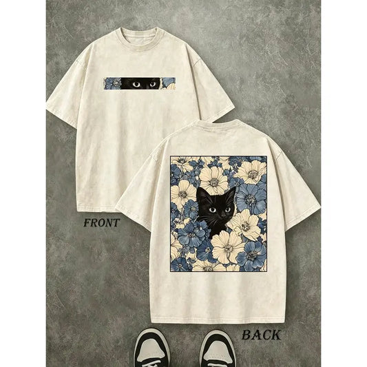 Men's Vintage Washed Beige Oversized Loose Short Sleeve Round Neck Tshirt - Unisex Double-Sided Black Cat Floral Graphic, Soft Aesthetic Cottagecore Streetwear Top for Summer Casual Wear