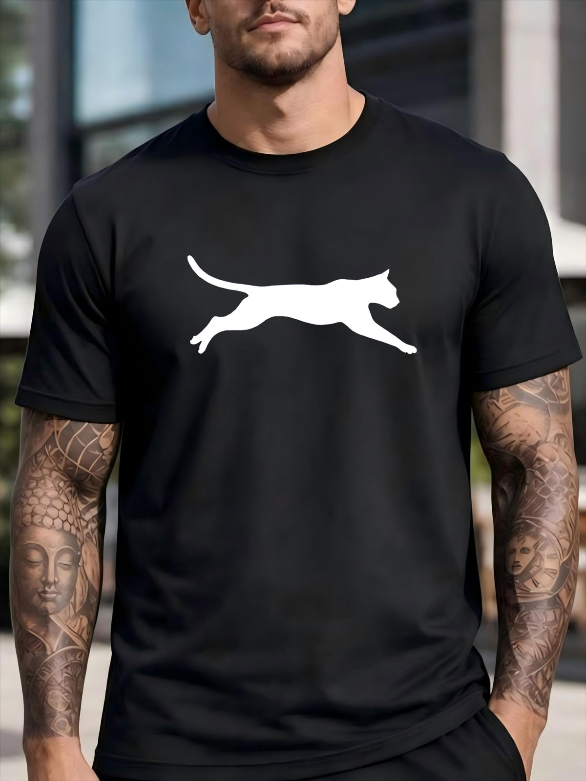 Gym Outdoor Men Breathable Short Sleeve Clean Solid Sprint Cheetah Minimal Wild Animal Outline Soft Loose Commute Top