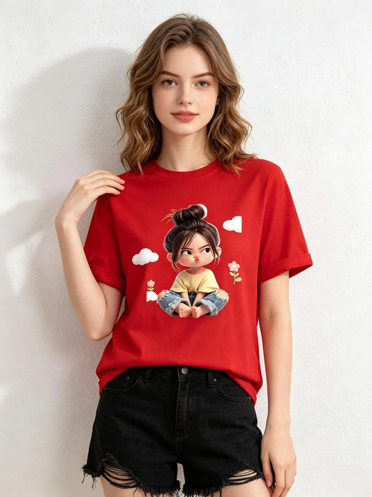 Women's Premium Cotton Cartoon Girl & Clouds Graphic T-Shirt - Short Sleeves, Crew Neck, Fitted, Elastic, Comfortable, Blush Pink Aesthetic, Casual Girly Tops, Valentine's Day Colorful Style All Seasons Beach Tee Sohochic, Valentines Day, Cartoon Style
