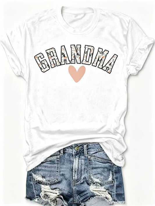 Women'S Casual Short Sleeve T-Shirt with Grandma Heart Print - Round Neck Breathable Blouse-Compatible Top | Machine Washable Spring Summer Casual Attire Suitable For, Easy Versatile Basic Wardrobe Essential for Layering & Lounge