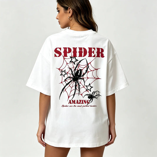 Unisex Cotton Graphic Shortleeve Basic Soft Menswear Top - "Spider Wonder" Casual Round Neck Sports & Outdoor Tee with Red Webs and Black Design