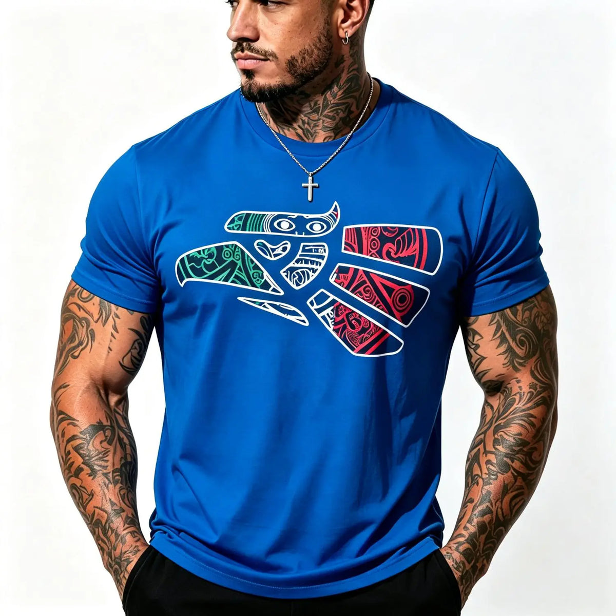 Latino Heritage Cotton T-shirt Featuring Green White Red Mexico Eagle Tribal Art Design with Mexico Flag Tattoo Eagle Theme for Men