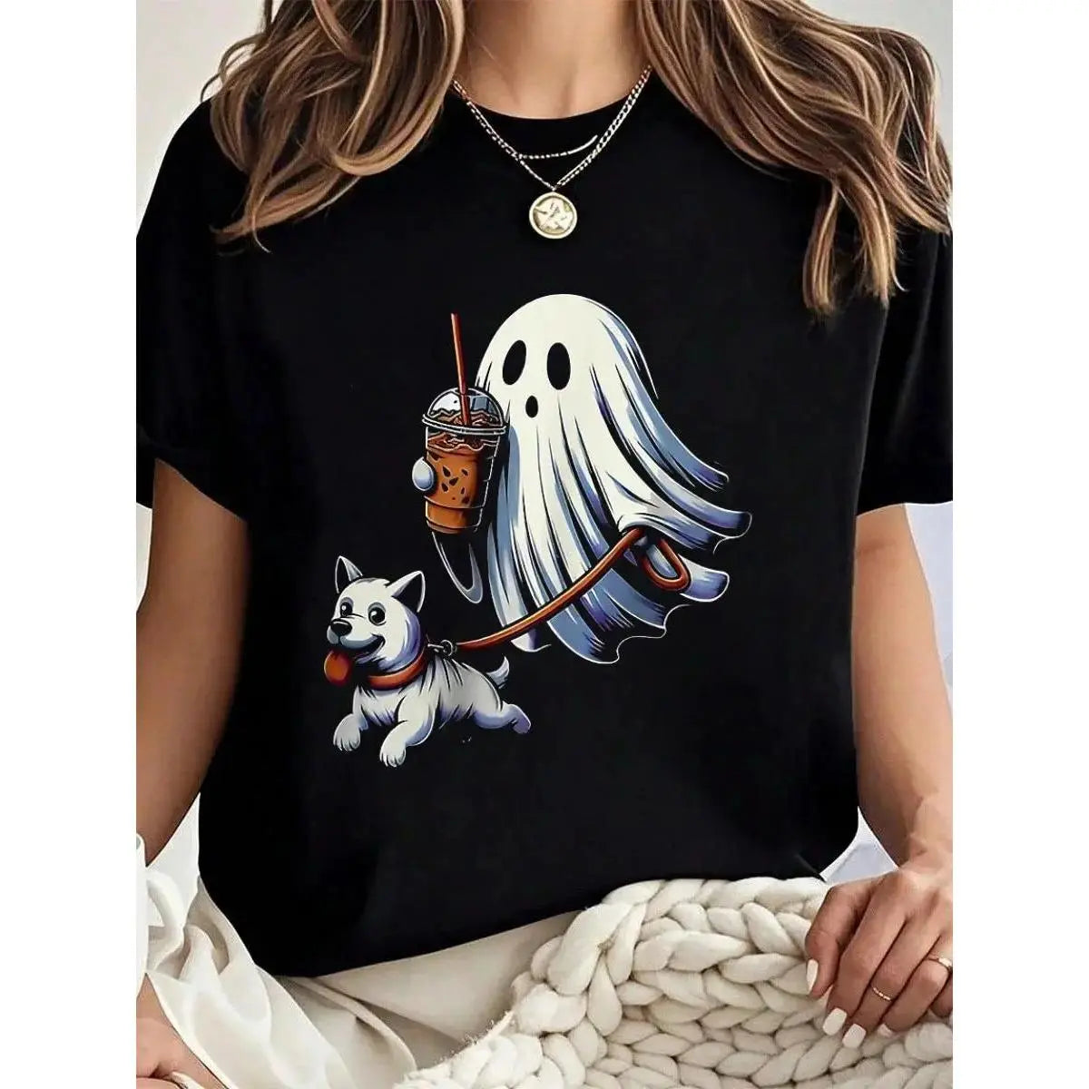 Funny Ghost Walking Dog ghost dog halloween Night Men Women Kids T-Shirt Women Graphic T-Shirt  Print short Sleeve Casual Top, Summer Tee Womens Tops