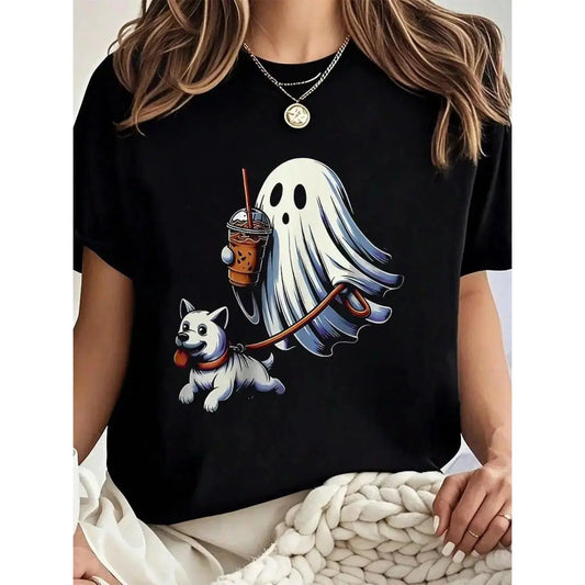 Funny Ghost Walking Dog ghost dog halloween Night Men Women Kids T-Shirt Women Graphic T-Shirt  Print short Sleeve Casual Top, Summer Tee Womens Tops