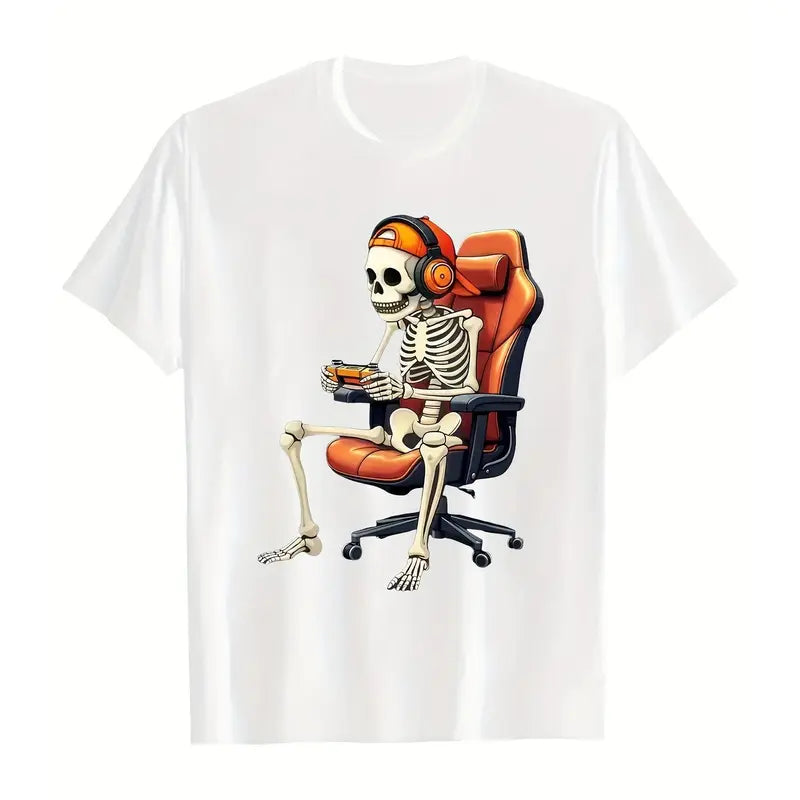 Retro Skull Gamer Graphic T-Shirt, Casual Short Sleeve Crew Neck Top for Teenage Boys, Funny Halloween Gift, Graphic Print Shirt, Teenage Boy Gifts