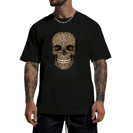 Men's  Casual Short-Sleeve Shirt - Loose Aztec Skull Prints, Medium-Heavy Fabric, Chicano Style Streetwear Graphic Unisex Menswear Top, streetwear, tiktok shop deals, graphic shirts, vintage shirts, guys gifts, summer clothes, gifts for him, graphic tee,