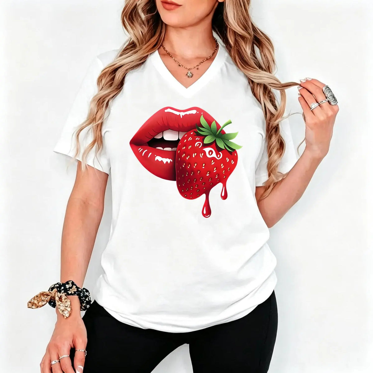 Women S Casual T Shirt Featuring Strawberry Lip Print Comfortable Fit Short Sleeve Machine Washable Ideal for Spring Summer and Fall Perfect Gift for Sisters