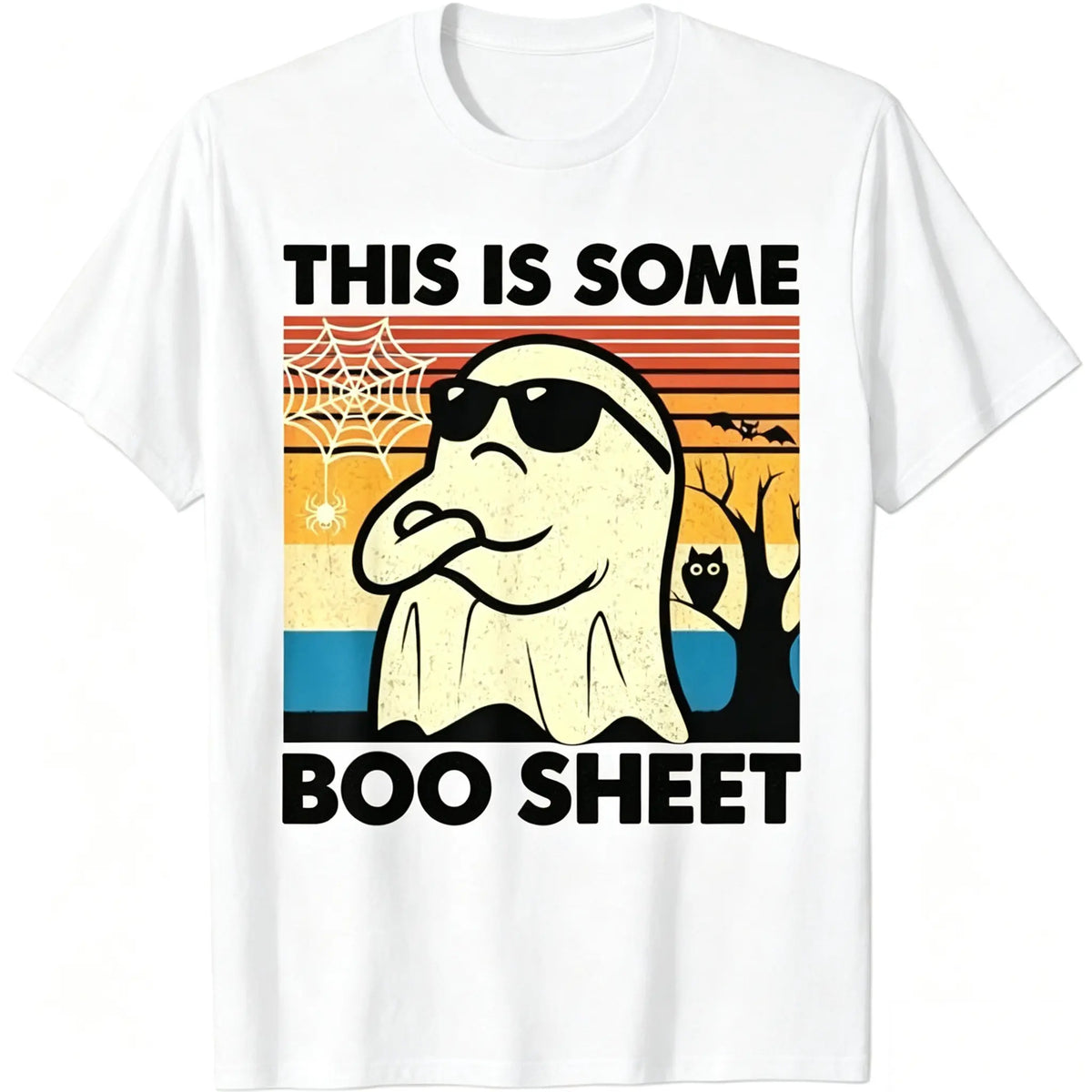 Mens Casual Round Neck Short Sleeve Graphics Halloween T-Shirt - "This is Some Spooky Sheet" Ghost Retro Design, Available in S-3XL