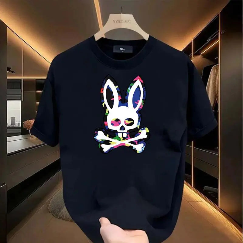 Menswear Loose Fit Round Neck Short-Sleeve T-Shirt - Cool Bone Rabbit Print, Casual Daily Wear, Couple-Style Top for Men and Women