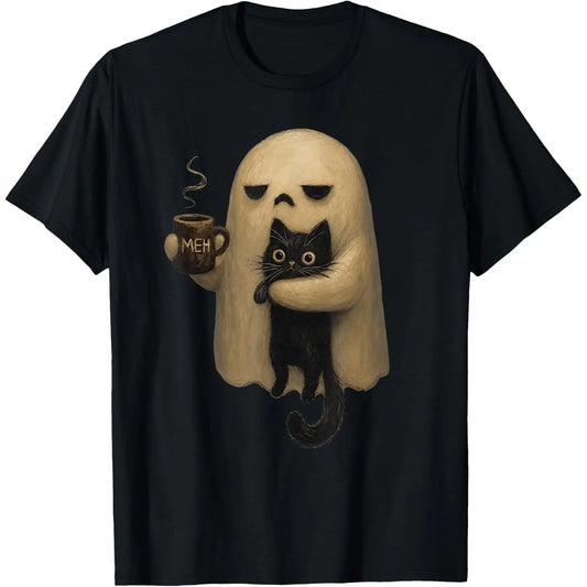 Halloween T-shirts, ChristmasSpooky Ghost Holding Black Cat Coffee Lover Funny Halloween
