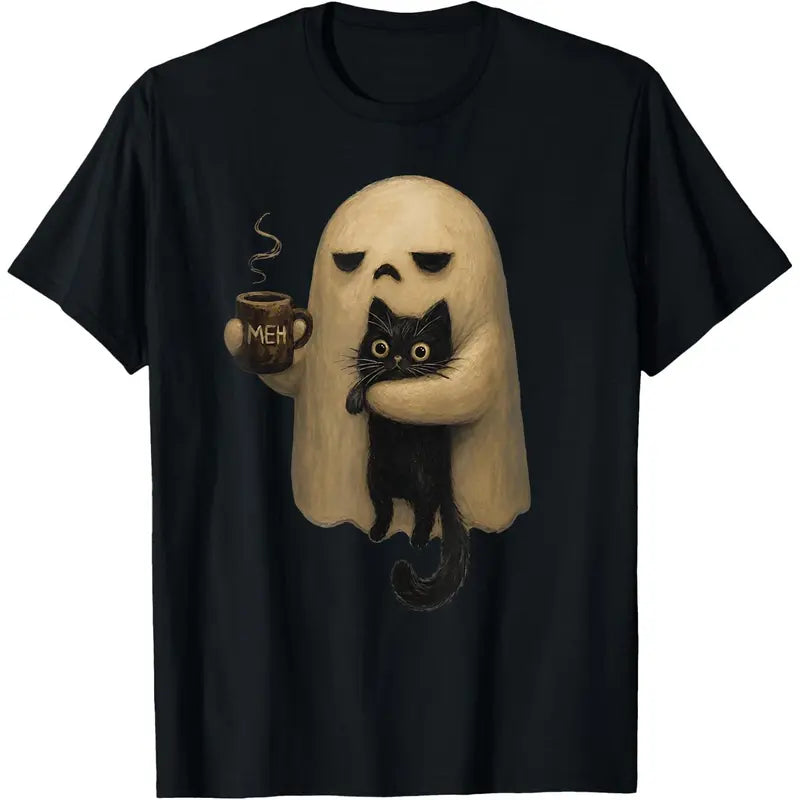 Halloween T-shirts, ChristmasSpooky Ghost Holding Black Cat Coffee Lover Funny Halloween