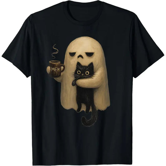 Halloween T-shirts, ChristmasSpooky Ghost Holding Black Cat Coffee Lover Funny Halloween