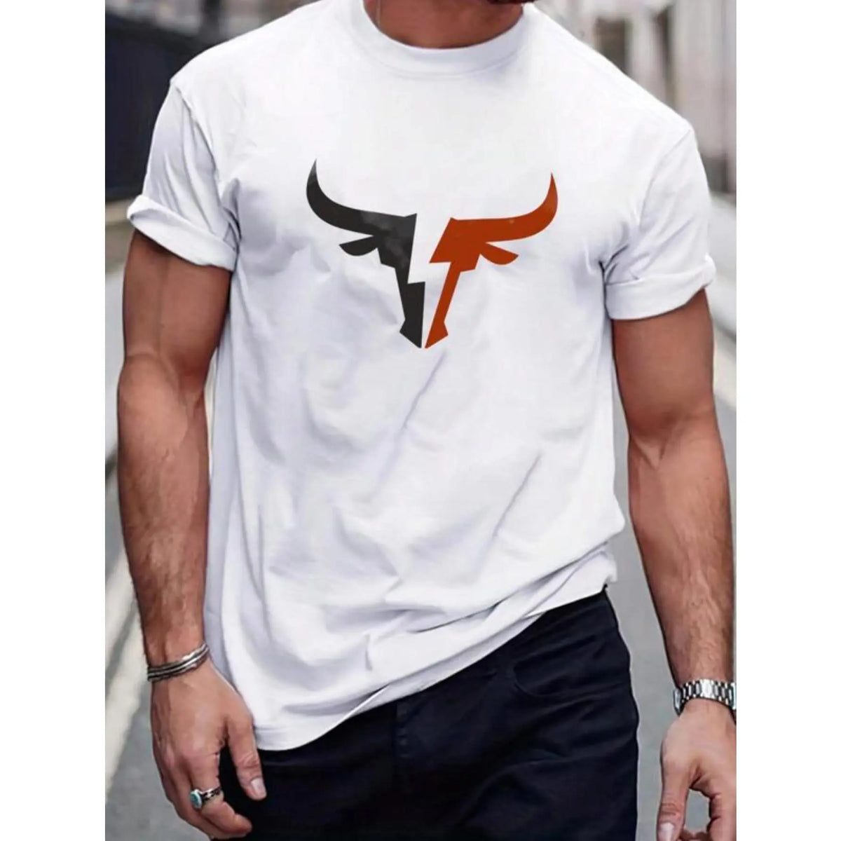 Men's Classic Cotton Bull Print Round Neck Short-Sleeve T-Shirt - Regular Fit Basic Men's Clothing, Chic Sporty Chic Casual Streetwear Top for Summer Daily Wear, Soft Clothes, All Seasons, Crew Neck,sohochic