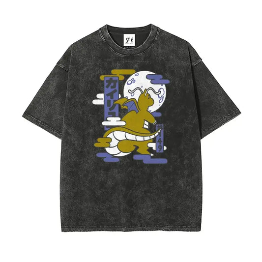 Men's Vintage Graphic T-Shirt with Ukiyo-e Dragonite Print, Soft Washed Cotton, Oversized Anime Streetwear Top, Tshirt, Mens Clothing