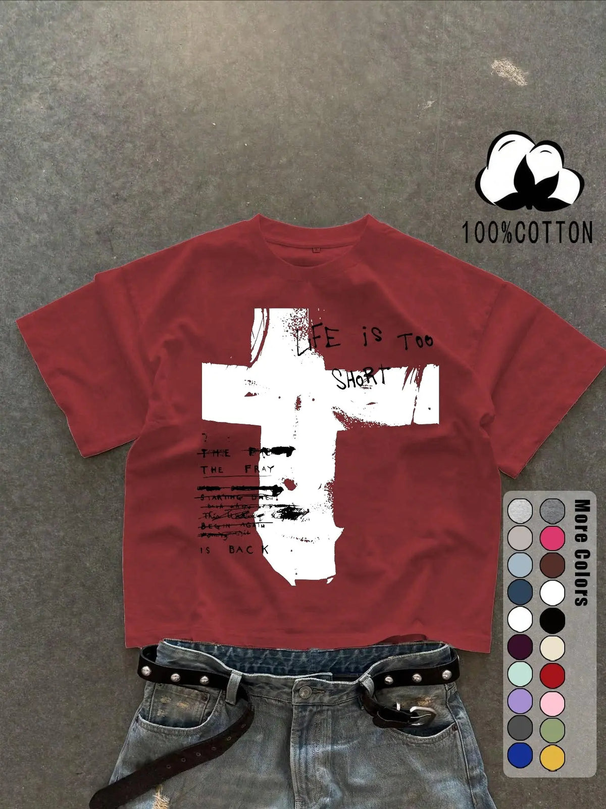Unisex 100% Cotton Short Sleeve Round Neck T-Shirt, Cross Graffiti Print, Y2K Dark Gothic Street Style, Streetwear, Casual Daily Wear, Loose-Fitting, Long Length, Aesthetic
