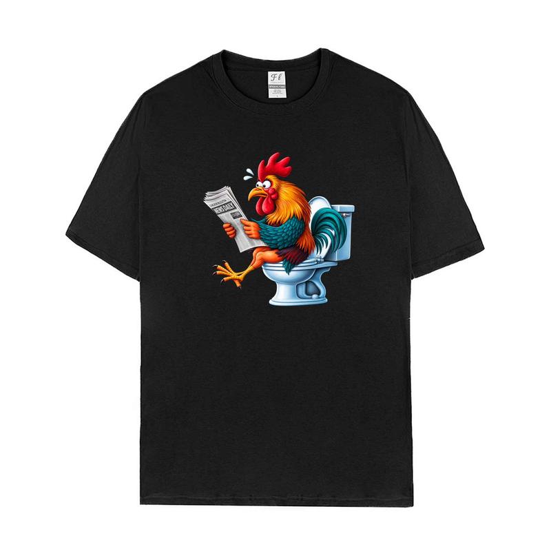 Men's Funny Rooster On Toilet Reading Newspaper Graphic Menswear T-Shirt - Oversized, Casual Short-Sleeve Humor Cartoon Print Streetwear Tops, Tshirt