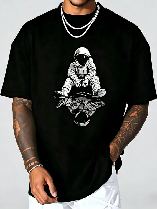 Astronaut Graphic Illustration T-Shirt for Men - Casual Crew Neck Short Sleeve, Soft Breathable Cotton, All-Season Summer Spring Everyday Top, Great Birthday Gift for Space Lovers, Outdoor Daily Wear, Streetwear, Machine Washable