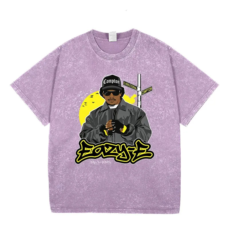 Vintage 90s West Coast rap graphic T-shirt; N.W.A West Coast gangsta rap and Eazy-E West Coast legend-themed T-shirt; washed fabric.