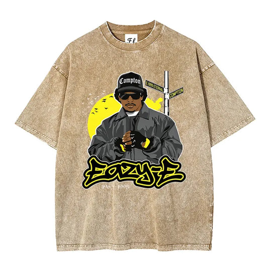 Vintage 90s West Coast rap graphic T-shirt; N.W.A West Coast gangsta rap and Eazy-E West Coast legend-themed T-shirt; washed fabric.