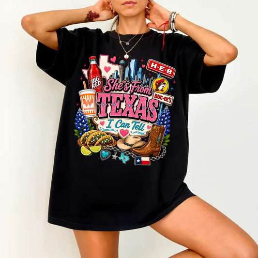 Vintage She's From Texas I Can Tell Big Red Shirt Retro Western Shir Shirt Game Day Shirt Full Colors Casual Short Sleeve Crew Neck Top texas apparel western style game day  fan gear full color print retro graphic tee Everyday Printed Womenswear