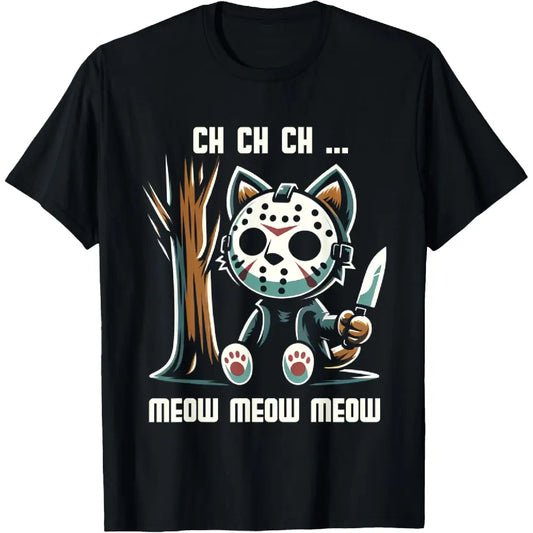 Men's 100% Cotton Casual Distressed Round Neck Vintage Cat Horror Movie Character Print Short-Sleeve Tee - Menswear, Everyday Wear to Parties, Casual Tee for Daily Wear, Character Print Shirt,sohochic